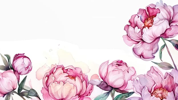 A collection of beautifully illustrated peonies in varying shades of pink blooms gracefully. The composition captures the elegance of spring flowers against a soft white backdrop.