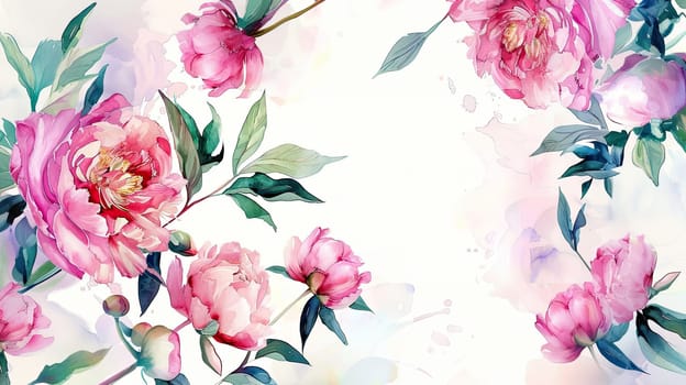 Beautiful pink peonies blossom amidst gentle green leaves, showcasing their vibrant color against a pastel watercolor backdrop, creating a tranquil atmosphere.