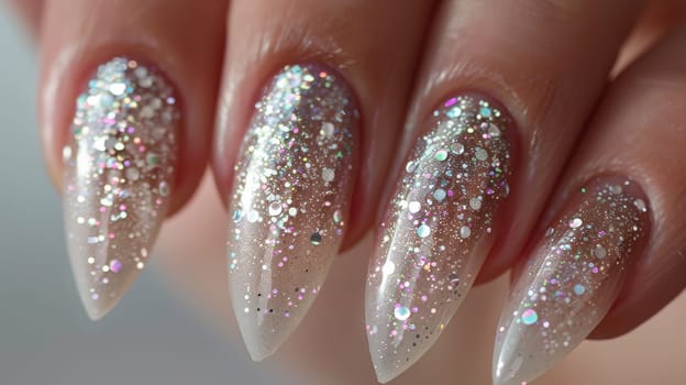 Closeup image of nails featuring a dazzling ombre design with sparkling glitter. the detailed view highlights the intricate, shimmering patterns and trendy pointed nail shapes, perfect for beauty and fashion inspiration.