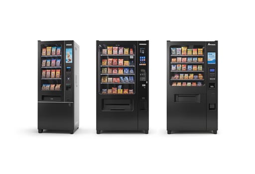 Blank black coffee vending machine mockup, different types, front view. High quality photo.