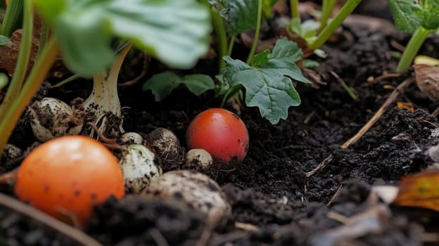 Fresh radishes growing in the ground, eagerly awaiting harvest in an organic garden. Thriving red vegetables embody natural agriculture in autumn