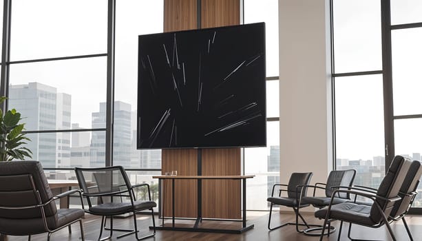 Blank black led display in airport lounge mockup, side view. High quality photo.