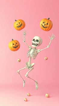 Skeleton is playfully juggling pumpkins in the air, capturing the festive spirit of halloween with an orange background and scattered white petals