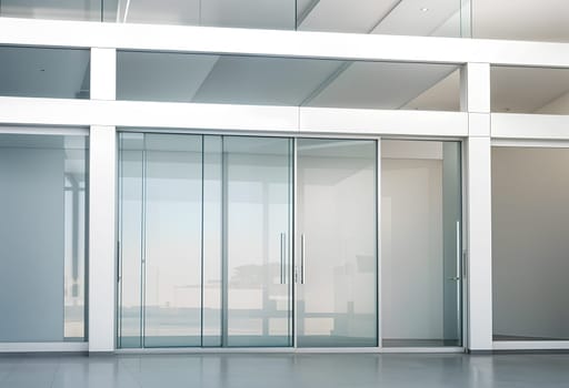 Blank sliding glass doors entrance mockup, 3d rendering. Commercial automatic entry mock up. Office building exterior template. Closed transparent business center facade, front view. .