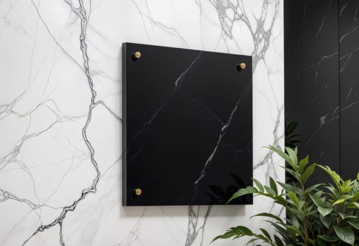 Blank black glass signplate on textured wall mockup. High quality photo.