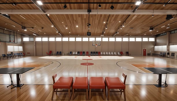 Basketball court with tribune and referee table mockup, front view. High quality photo.
