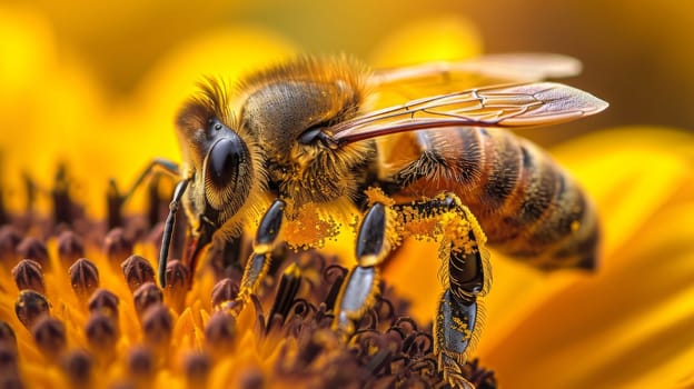 Closeup macro photograph of a honeybee engaged in pollination on a vibrant sunflower. the image highlights intricate details like pollen on the bee's legs and the texture of sunflower petals, emphasizing the importance of bees in nature and agriculture.