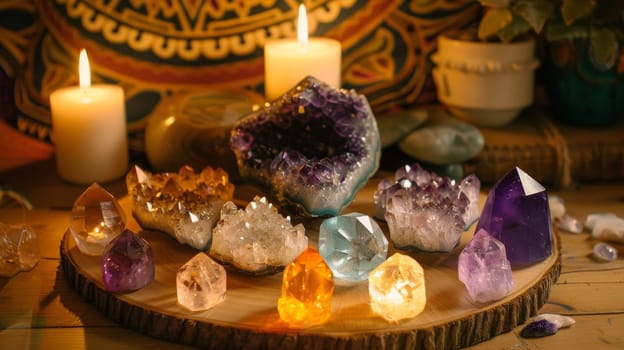 A serene crystal healing setup features a variety of colorful crystals and gemstones arranged on a wooden surface. lit candles provide a calming ambiance, complementing the surrounding natural decor, perfect for wellness and spiritual practices.