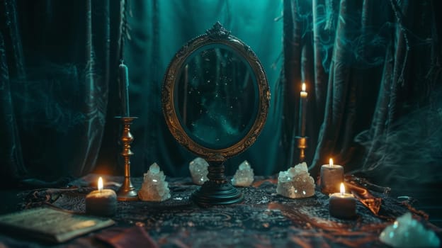 Scrying mirror setup features an ornate, reflective surface surrounded by burning candles and crystals on a richly patterned cloth. the scene evokes a mystical atmosphere with dark curtains and wafting smoke, ideal for divination and spiritual rituals.