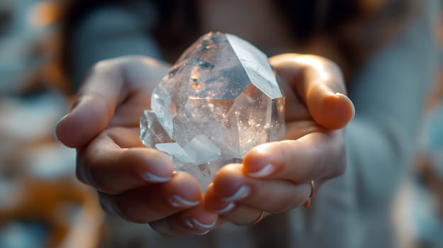 In a serene environment, an individual presents a large clear quartz crystal with both hands, showcasing its clarity and unique facets. The gentle light enhances its natural beauty - Generative AI