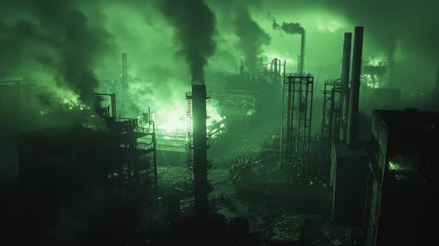 Night vision drone footage showcasing a heavily polluted industrial area with numerous chimneys emitting dense smoke and bright lights. the eerie atmosphere highlights environmental concerns and industrial impacts on air quality and pollution.