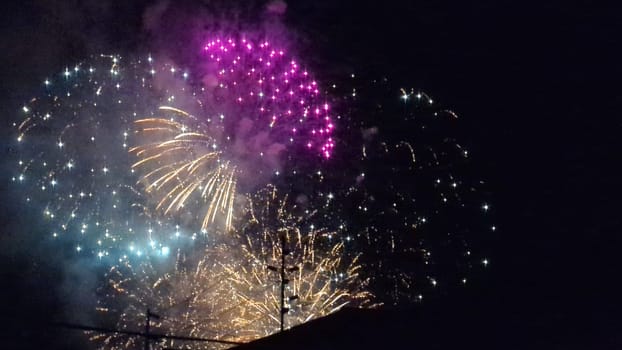 Bright bursts of fireworks light up the night sky, creating a stunning display of colors during a festive celebration, capturing the joy of the moment.