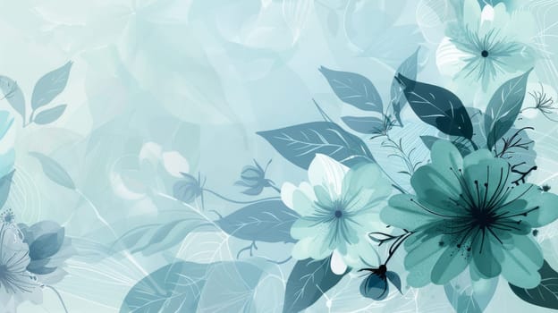 A beautifully crafted abstract floral design in calming shades of blue and green, showcasing a bouquet of intricately detailed flowers and leaves. perfect for use in spring-themed or nature-inspired print, card, or poster designs.