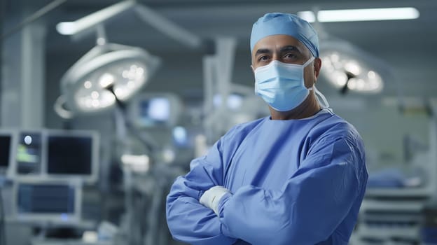 A middleaged surgeon of diverse background wearing scrubs, a surgical cap, and a face mask stands confidently with arms crossed in an operating room. the sterile environment includes medical equipment and monitors, the hightech healthcare setting.