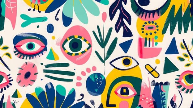 A lively and colorful abstract background pattern featuring whimsical shapes, eyes, and geometric elements. the design incorporates vibrant pink, blue, yellow, and green hues, making it ideal for creative projects such as posters, cards, and prints.