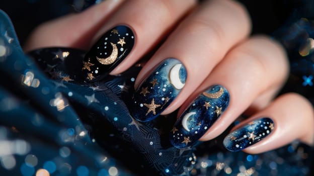 Elegant, celestialthemed nail art showcasing intricate gold moon and star designs over a rich midnight blue background. perfect for beauty and fashion concepts, emphasizing style, detail, and creativity. ideal for nail salons, beauty blogs, or design inspiration.