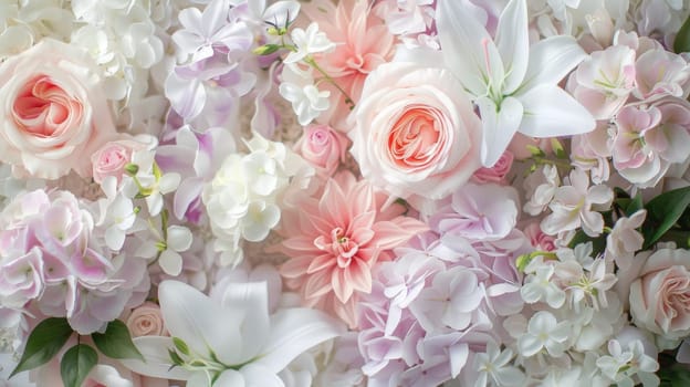 Beautiful floral arrangement featuring a harmonious blend of soft pastel roses, lilies, and hydrangeas. the delicate mix of colors and textures provides an exquisite and elegant design ideal for spring celebrations, decor, and various print projects.