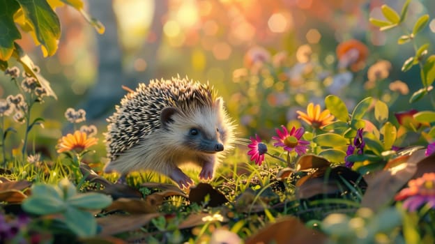 A hedgehog explores a lush, vibrant garden at dusk, surrounded by colorful flowers and plants bathed in soft, warm sunlight. the scene serene beauty of nature and the charm of wildlife in a picturesque garden setting.