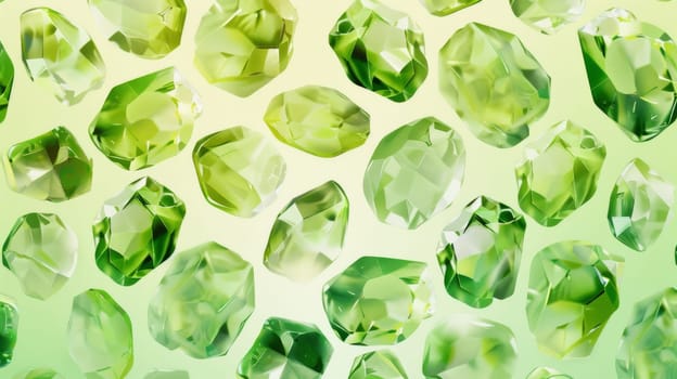 Green gemstones arranged in a seamless pattern against a light gradient backdrop. the design features various shades of green with faceted gem shapes, creating a sparkling, elegant aesthetic suitable for print, cards, posters, and decorative uses.