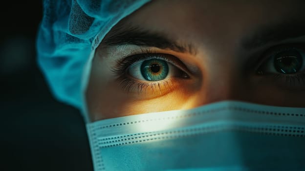 A detailed closeup of a surgeon's face, focusing on their eye while wearing a mask and surgical cap. the image highlights the intent and concentration, showcasing the critical nature of medical professionals' precision and responsibility.