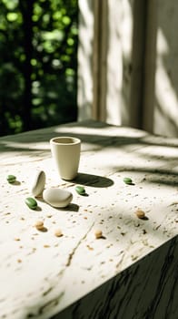 Sunlight streams through a window, illuminating a white tabletop with pills, stones, and a cup resting on top. This image evokes themes of wellness, self care, and tranquility