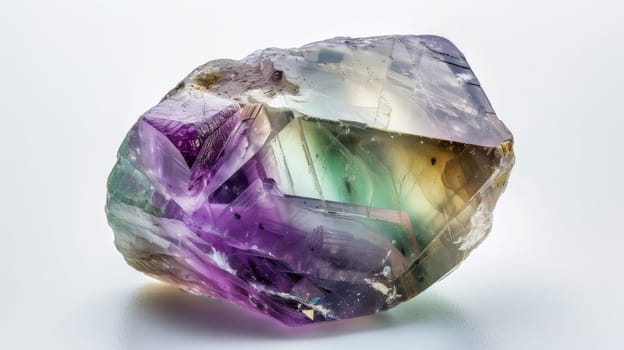Detailed closeup of a polished fluorite gem showcasing intricate patterns and vibrant colors, including shades of purple and green. ideal for use in design prints, posters, or educational materials mineral beauty and natural formations.