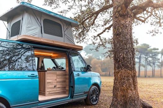 Blue camper van with a rooftop tent is parked in a field next to a tree, offering a peaceful and scenic escape for outdoor enthusiasts