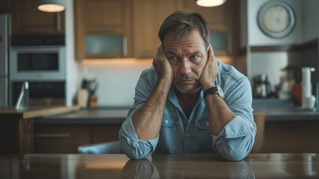 Middle aged western european man, approximately 45 years old, sitting at a table in a modern kitchen. he appears pensive with his hands resting on his cheeks. the kitchen has a contemporary design with wooden cabinets and ambient lighting.