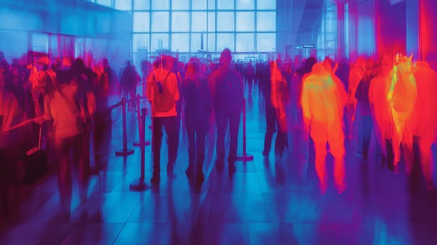 Crowded airport terminal visualized through a thermal imaging lens, showcasing vibrant and contrasting colors. travelers from diverse backgrounds navigate the space, the hustle and bustle of modern travel in a public area.