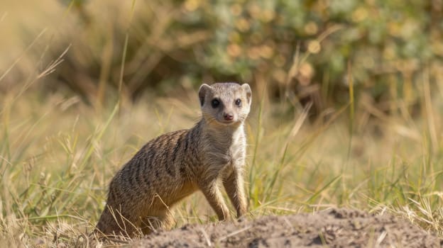 A mongoose stands alert in a grassy field, showcasing its curious and vigilant nature. the surrounding vegetation and blurred background highlight the mongoose as the focal point, offering a perfect snapshot of wildlife in its natural habitat.