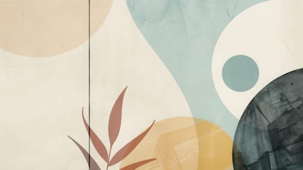 Minimalistic abstract art piece featuring a light beige backdrop with geometric shapes and organic elements. subtle textures and muted colors create a sophisticated and modern aesthetic, perfect for design, print, poster, or card use.