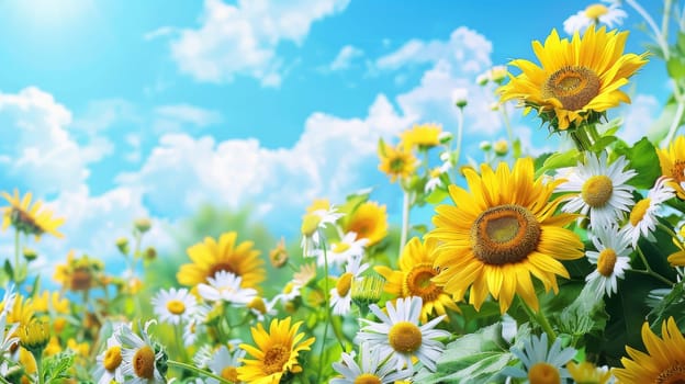 Sunflowers and daisies bloom vibrantly in a lush field under a bright blue sky with fluffy clouds. this idyllic summer scene beauty of nature, ideal for use in prints, cards, posters, and wallpapers.