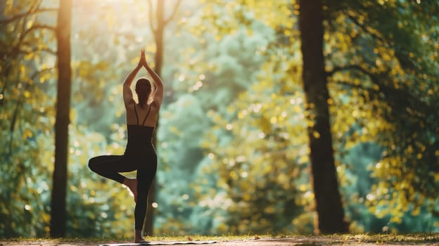 A serene setting featuring a person practicing yoga outdoors in a lush, green forest. they stand in a tree pose with arms raised, sunlight filtering through the trees. the atmosphere is peaceful, emphasizing fitness, wellness, and connection to nature.