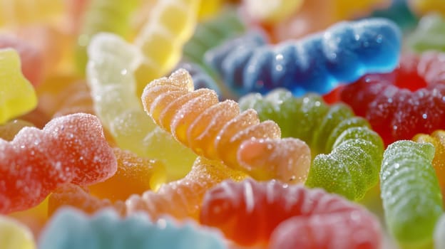 A vibrant and detailed closeup of assorted gummy candies in a variety of shapes and colors. each candy is coated in fine sugar crystals, creating a visually appealing texture and glistening effect. ideal for designs, prints, cards, and posters.