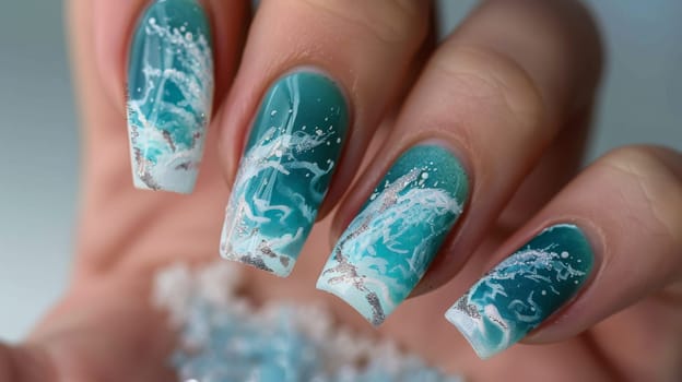 A closeup shot of a hand featuring nails with intricate oceaninspired wave designs. the nails display vivid shades of blue, white, and silver glitter, creating a refreshing and dynamic aesthetic, perfect for summer manicures and nail art inspiration.