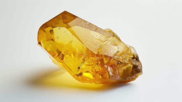 Closeup photograph of a single polished heliodor gemstone, showcasing its goldenyellow color, intricate surface texture, and clarity. ideal for use in jewelry design, mineralogy studies, and geological research presentations.