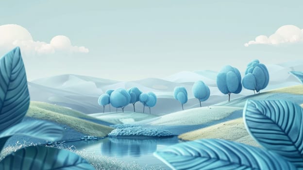 A serene minimalist landscape features rolling hills with blue-toned trees and a calm water body set against a clear sky. the overall aesthetic is tranquil and modern, making it ideal for wall art, posters, and card designs.