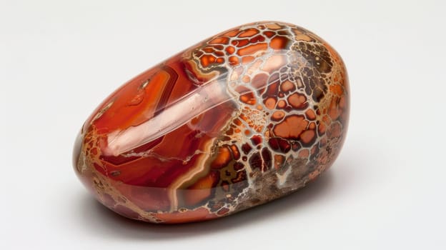 Polished jasper gemstone showcasing intricate red, brown, and cream patterns with a glossy finish. perfect for use in jewelry design, mineral collection displays, and for educational purposes in geology and gemology studies.