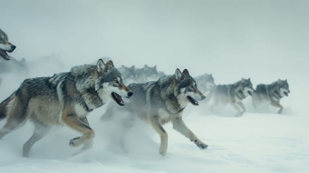 A pack of wolves runs through a snowy landscape, showcasing the beauty and dynamics of wildlife in their natural habitat. the scene wolves in motion against a cold, misty background, emphasizing their strong and agile nature.