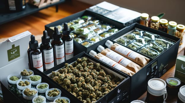 A professional shot displaying a wide variety of cannabis products from a delivery service. it features neatly packaged edibles, oils, and flower arranged in black boxes and containers, emphasizing the organized, highquality selection available for both medical and recreational use.