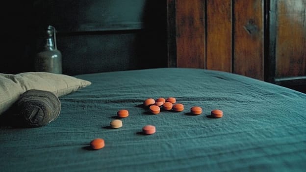 Red pills lying on an empty bed with an old bottle and pillow in the background, suggesting a feeling of loneliness and despair
