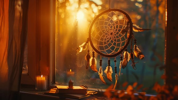 A serene scene featuring a dreamcatcher suspended in front of a sunlit window, with the warm glow of the setting sun creating a tranquil atmosphere. nearby, a lit candle and a book suggest a cozy, peaceful setting perfect for relaxation or meditation.