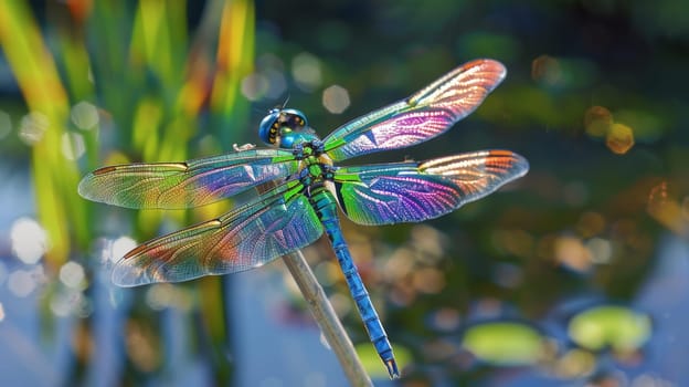 A stunning dragonfly with iridescent wings perches delicately on a thin reed in a sunlit garden. the vibrant colors of the dragonfly's wings contrast beautifully with the blurred, natural background, making it an ideal subject for naturethemed prints and posters.