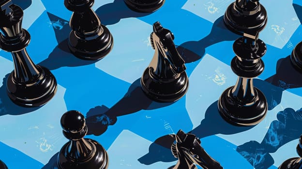 High-resolution image featuring black chess pieces strategically placed on a blue chessboard. dramatic lighting and shadows enhance the artistic appeal, ideal for themes of strategy, intelligence, and competition in design or print.