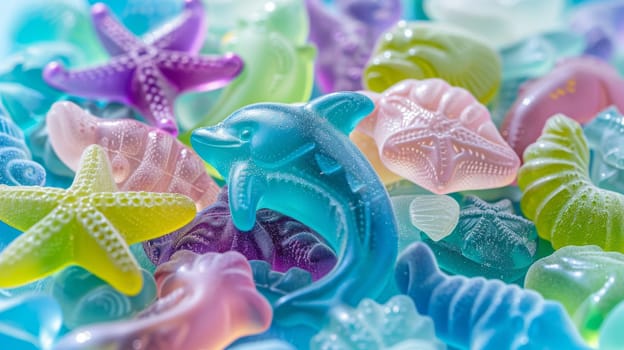 A vivid closeup view of an assortment of gummy candies in the shapes of various tropical sea creatures, such as dolphins, starfish, and seashells. the sugary treats are depicted in a variety of pastel colors, creating a visually appealing and delectable scene.