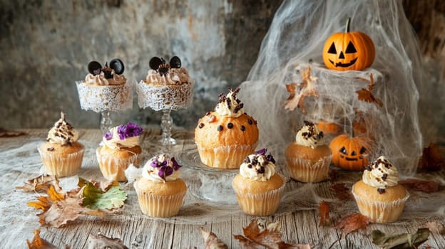 A table with a variety of cupcakes and a pumpkin. Scene is festive and celebratory, likely for Halloween