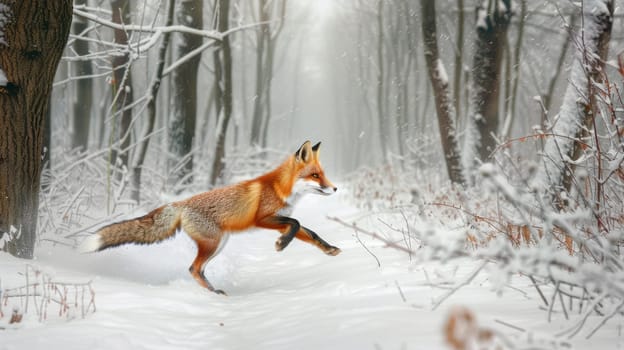 Young fox gracefully running through a snowcovered forest in winter. the image dynamic movement of the fox against the serene, white backdrop of the snowcovered trees, capturing the stark contrast and natural beauty of the woodland in winter.