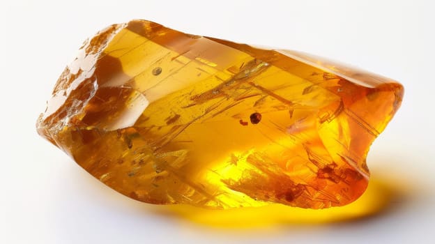Detailed closeup of a single polished amber stone with vibrant golden hues and intricate inclusions. ideal for use in geological studies, natural beauty concepts, and as a visually appealing element in design for prints, posters, and educational materials.