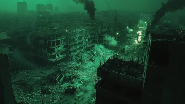 Night vision aerial surveillance capturing a wartorn cityscape bathed in green hues. the devastation includes heavily damaged buildings and rising smoke columns. this image is ideal for use in war documentation, analysis, and educational material.