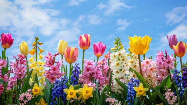 Vibrant spring flower landscape featuring a colorful array of tulips, hyacinths, and daffodils in full bloom. set against a clear blue sky with scattered white clouds, the scene embodies the essence of springtime and the renewal of the season.
